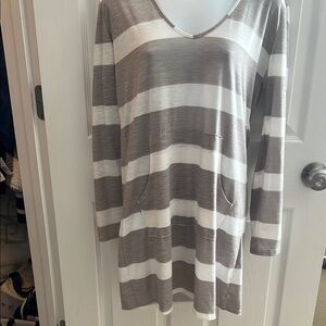 Merona Gray and White Striped V-Neck swim coverup